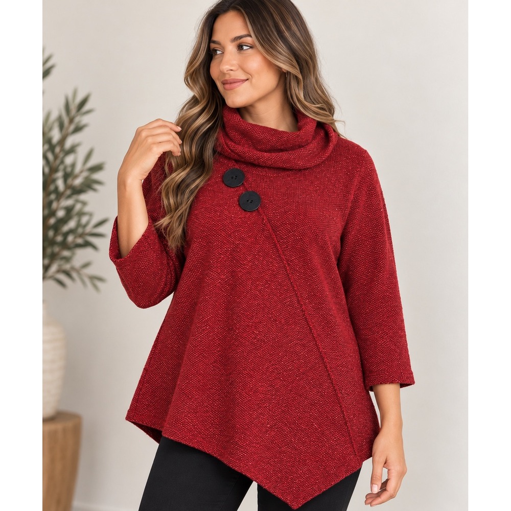 Thomas & Olivia Cowl Neck Asymmetrical Button Brick Red Textured Sweater Medium